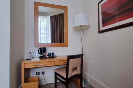 Desk room in a family hotel in London.