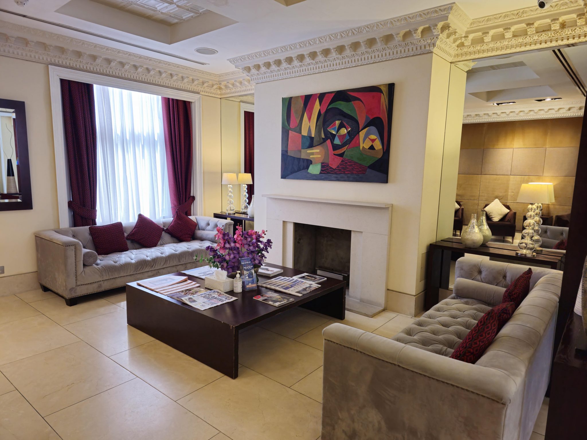 Modern boutique hotel lobby in Kensington London Interior