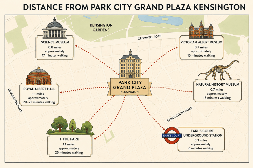 Distance map from Park City Grand Plaza Kensington to Science Museum, Victoria and Albert Museum, Natural History Museum, Hyde Park, Royal Albert Hall and Earl’s Court Station
