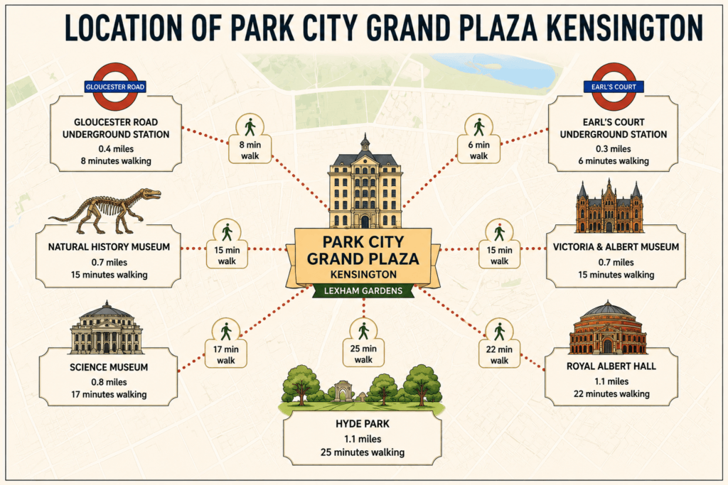 Park City Grand Plaza Kensington location map showing walking times to Gloucester Road Station, Earl’s Court Station, Natural History Museum, Science Museum, V&A Museum, Hyde Park and Royal Albert Hall