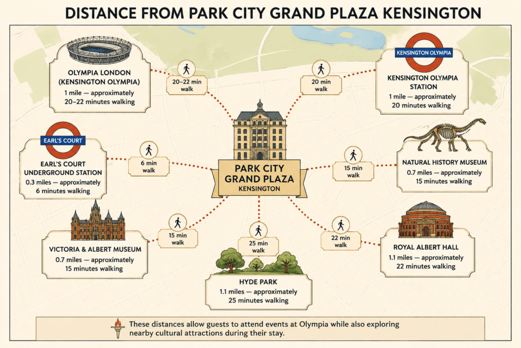Park City Grand Plaza Kensington map showing walking distances to Olympia London, Kensington Olympia Station, Earl’s Court Station, V&A Museum, Natural History Museum, Royal Albert Hall and Hyde Park