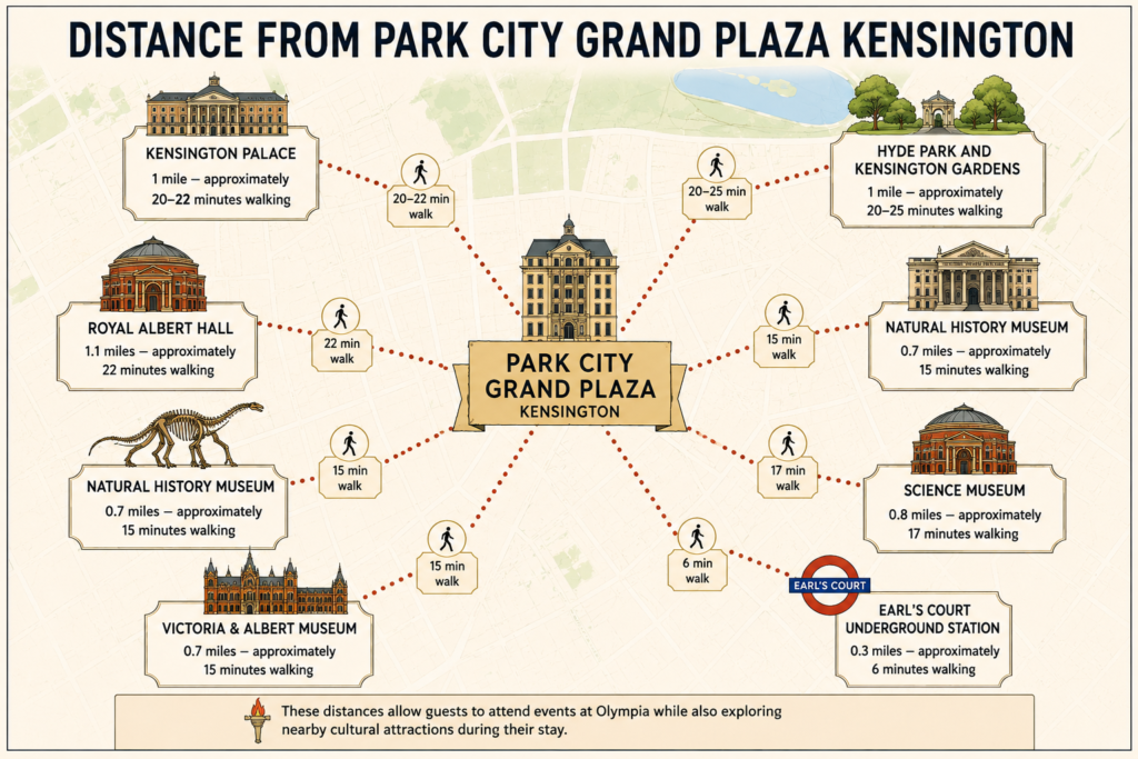 Park City Grand Plaza Kensington distance map showing walking times to Kensington Palace, Hyde Park, Royal Albert Hall, Science Museum, V&A Museum, Natural History Museum and Earl’s Court Station