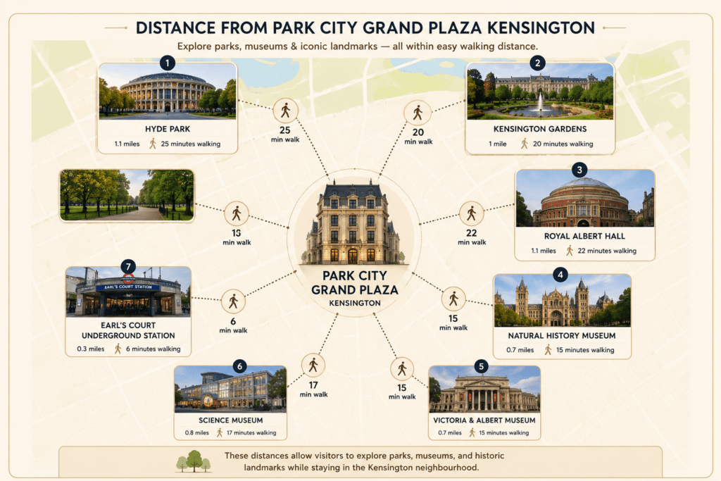 Park City Grand Plaza Kensington walking distance guide to Hyde Park, Kensington Gardens, Royal Albert Hall, Natural History Museum, Victoria and Albert Museum, Science Museum and Earl’s Court Station