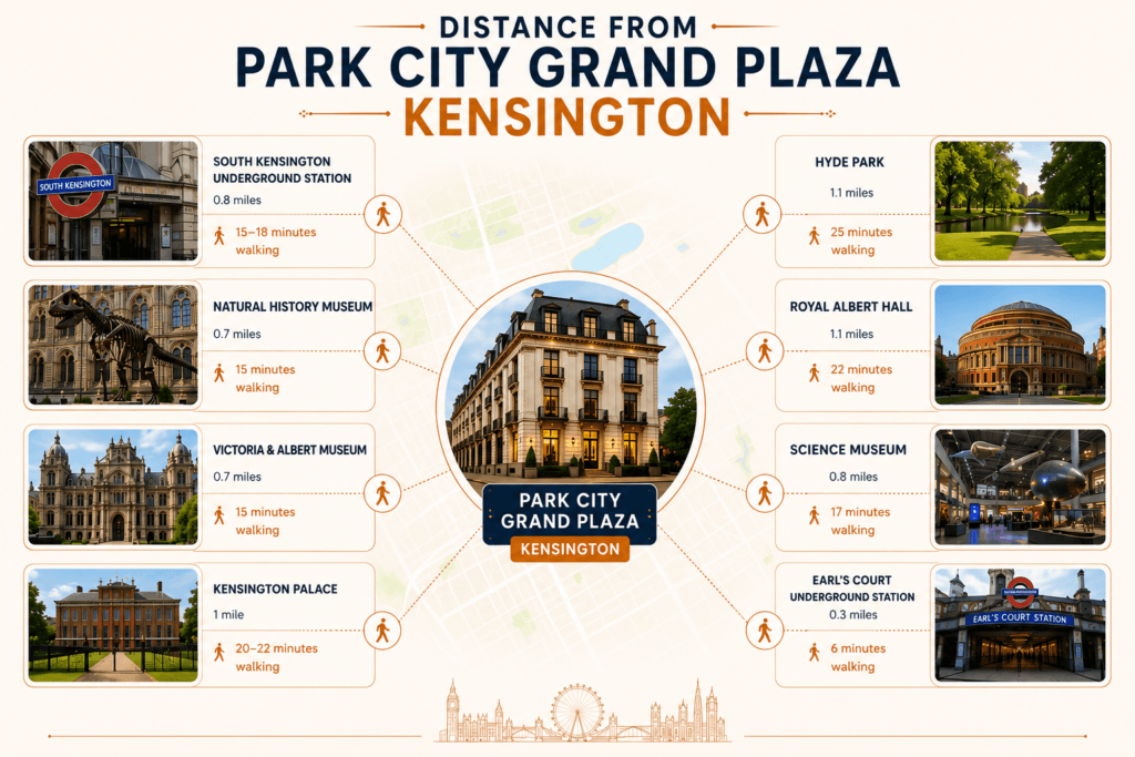 Park City Grand Plaza Kensington distance guide showing South Kensington Station, Natural History Museum, V&A Museum, Kensington Palace, Hyde Park, Royal Albert Hall, Science Museum and Earl’s Court Station