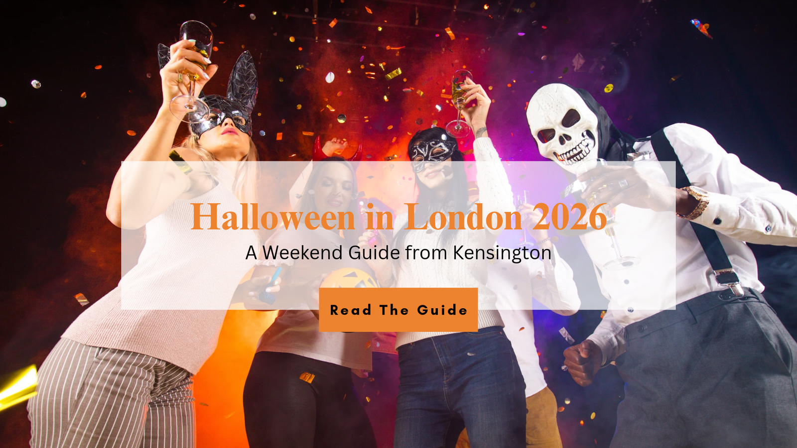 Halloween in London 2026 weekend guide from Kensington – group in costumes and masks at a Halloween party